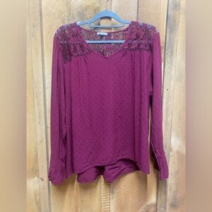 Maurices‎ Burgundy Lace Yoke Long Sleeve Peasant Blouse Size 2